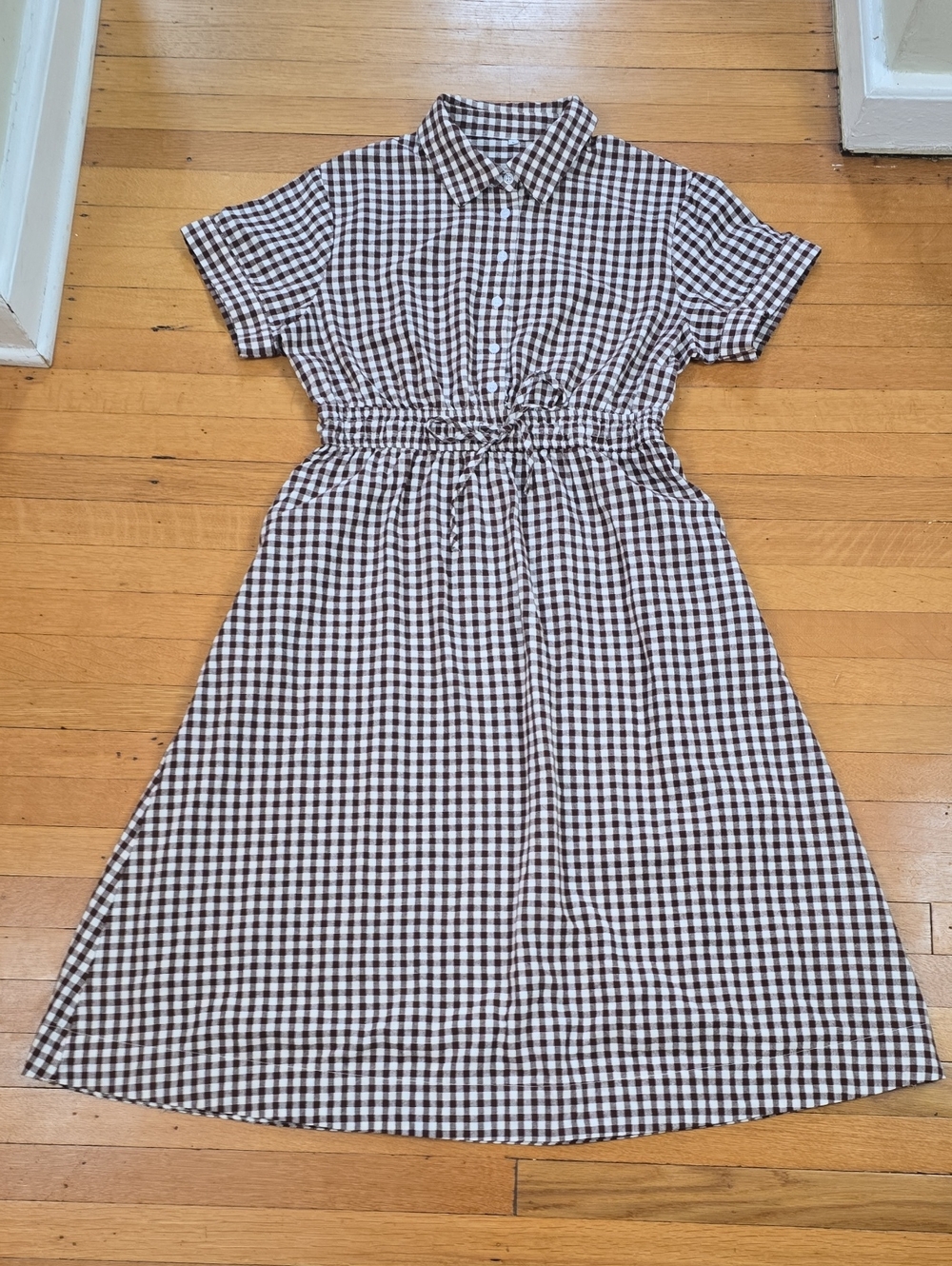ANRABESS Short Sleeve Button Down Midi Shirt Dress Brown Gingham, EUC, W's L